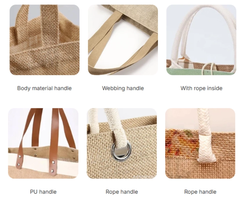 Six types of jute bag handles including body fabric, webbing, rope, PU leather, and rope with eyelet for custom design comparison.
