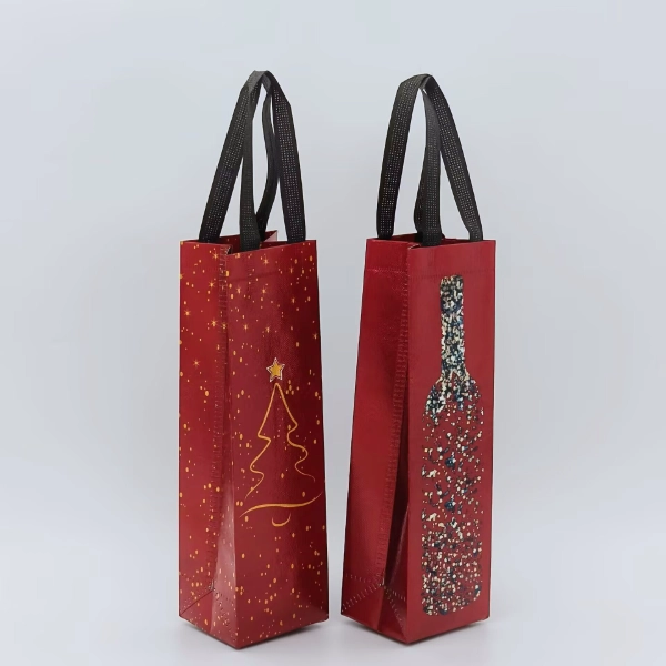 holiday wine bottle bags red side view with black handles