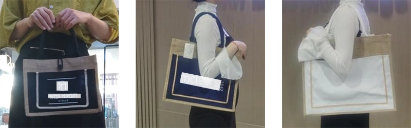Small, medium, and large jute bags modeled to show real-life size comparison and fit.