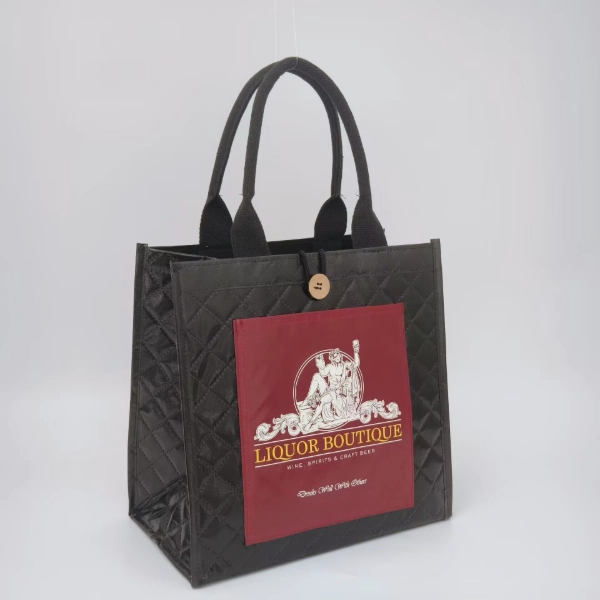 quilted wine bag with pocket and button side view