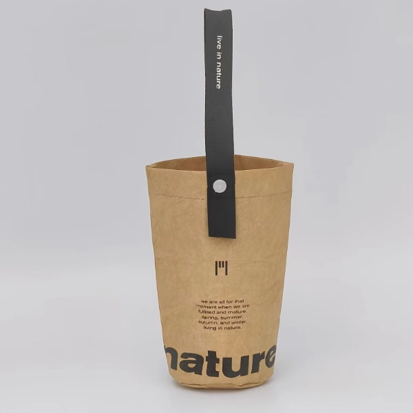 single wine bottle bag light brown front with strap
