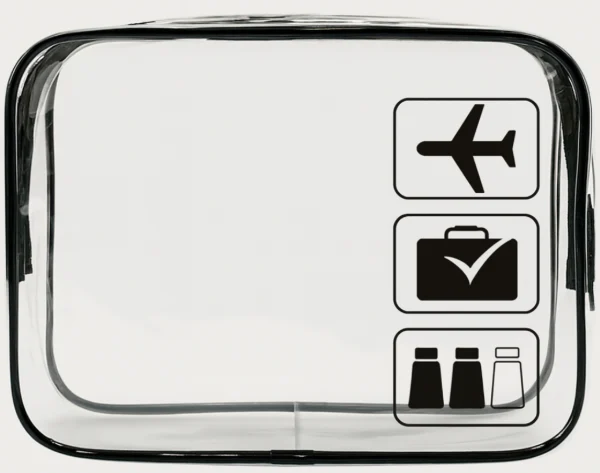 TSA approved quart size clear toiletry bag with black zipper trim for air travel