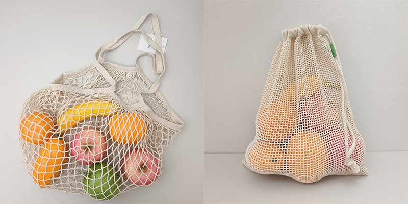 Large mesh cotton shoulder bag and small mesh cotton drawstring produce bag with fruits