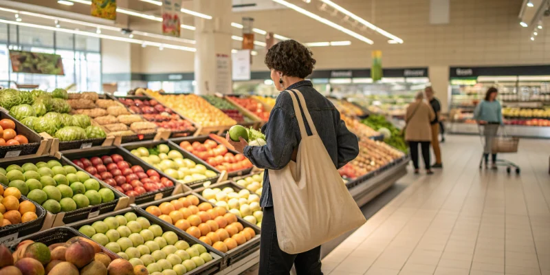 woman selecting fruit in supermarket while carrying a cotton tote in How Can You Carry Heavy Shopping Bags More Comfortably?