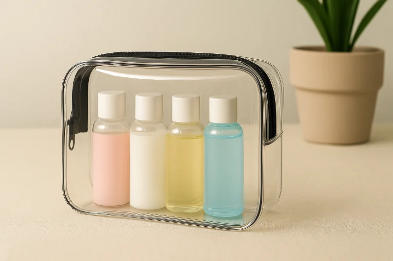 TSA Approved Toiletry Bag: Expert Guide clear cosmetic bag with four travel-size bottles in pink, white, yellow, and blue