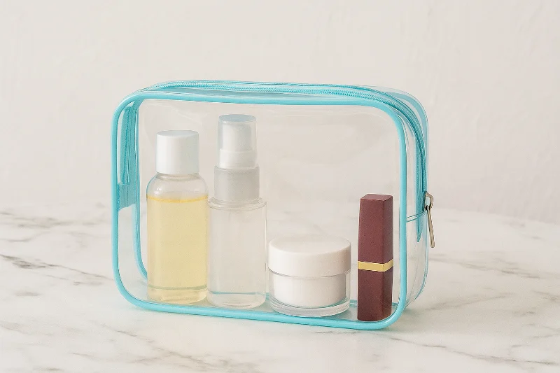 TSA Approved Toiletry Bag Expert Guide light blue travel pouch with toiletries