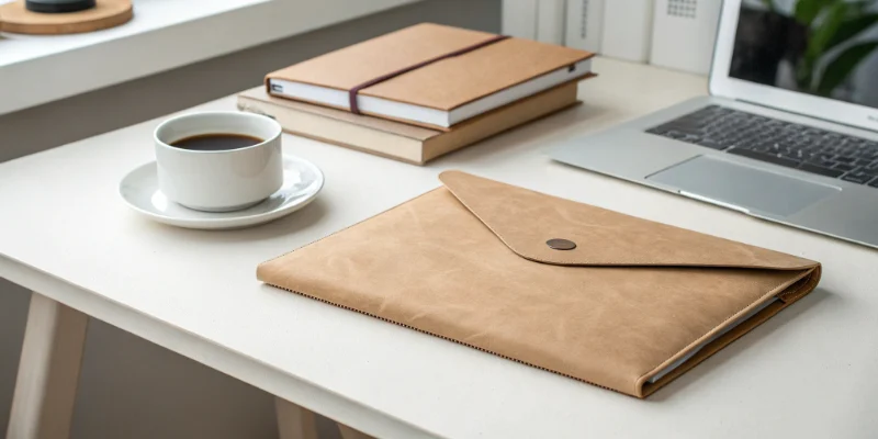 washable kraft paper laptop sleeve on white desk with coffee and notebook
