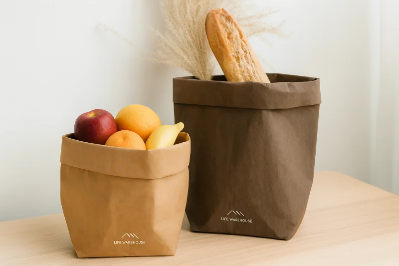 washable kraft paper bag with fruits and bread