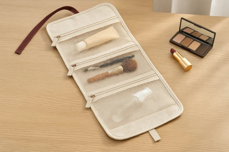 What Are the Common Types of Cosmetic Bags, roll-up beige cosmetic bag with mesh compartments lying open on a wooden table