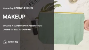 What is a makeup bag called? green pouch and makeup items on marble surface