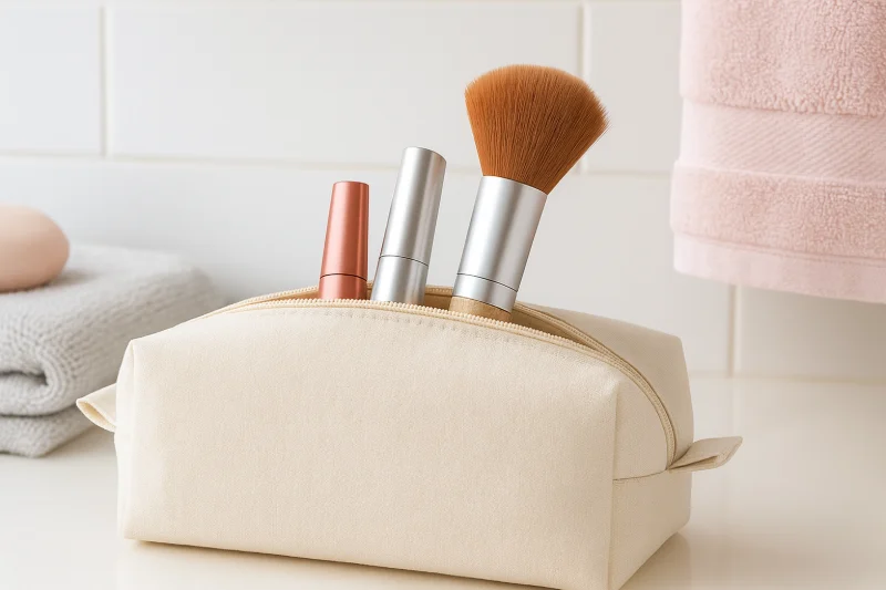 ALT 标签（Alt Text）： what is a makeup bag called, beige cotton toiletry bag with cosmetic brushes, minimalist bathroom counter setup