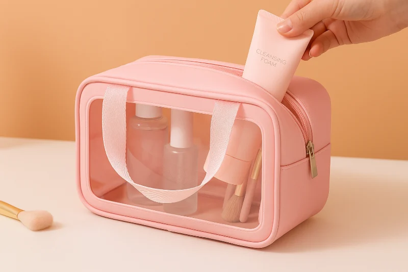 What's the Best Material for Makeup Bags pink PVC transparent cosmetic bag with makeup items inside