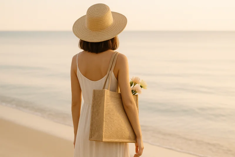 Woman with Jute Bag at the Beach During Sunset