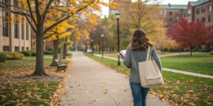female college student walking on campus with canvas tote bag and books