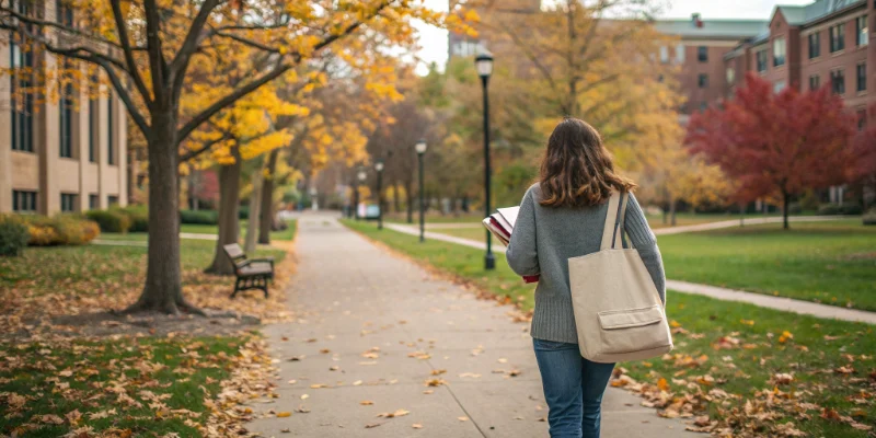 female college student walking on campus with canvas tote bag and books