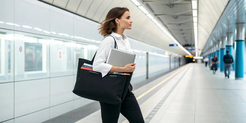 professional woman carrying a black canvas tote bag with laptop at subway station