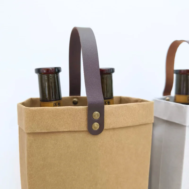 Close up of Washable Kraft Paper Wine Bag with Leather Handle