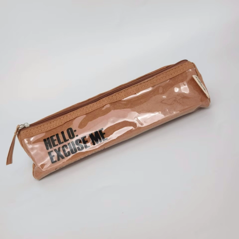 Front View of Brown Washable Kraft Paper PVC Pencil Case with