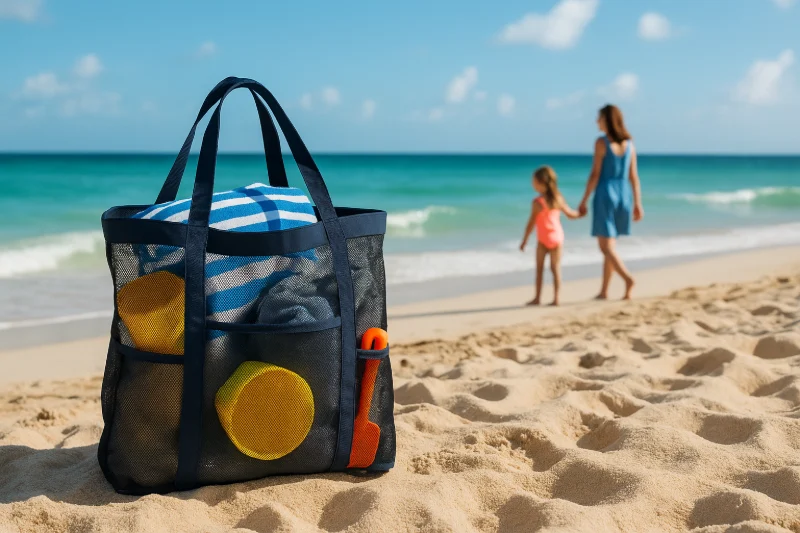 Mesh beach bag with towels and toys placed on a sunny sandy beach, ideal for family seaside trips