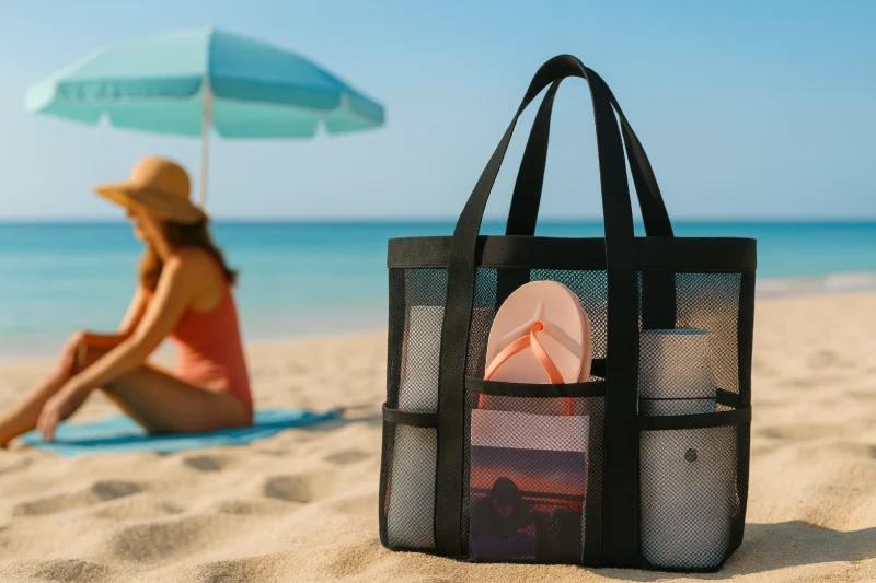 black mesh beach tote with flip-flops and bottle in Mesh Bags for Summer