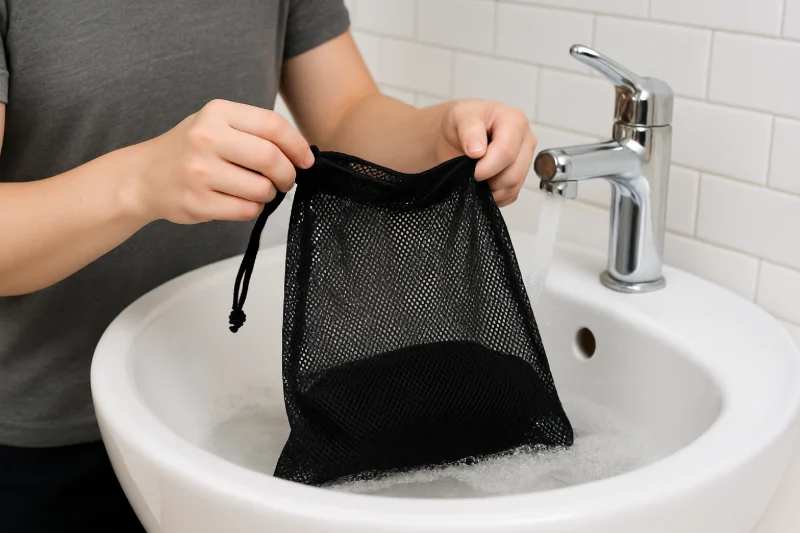 Mesh Bags for Summer hand washing black mesh bag in sink