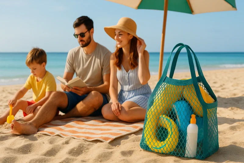 Mesh Bags for Summer mesh beach tote with floaties and sunscreen