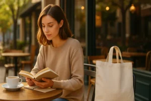 woman sitting at an outdoor café with a beige canvas tote bag beside her
