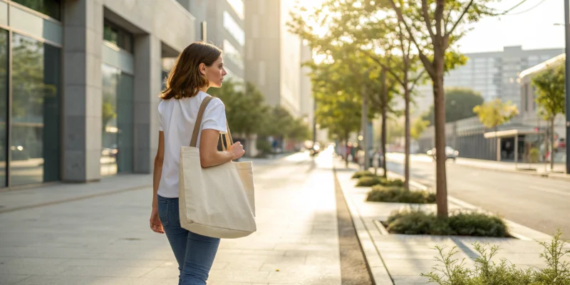 woman carrying a plain canvas tote bag on her shoulder in the city street
