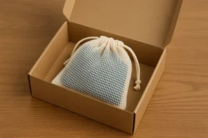 Reusable cotton mesh drawstring bag used for sustainable swimwear packaging inside a kraft paper box