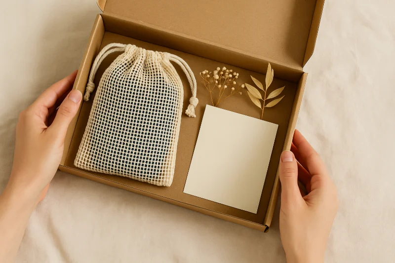 Eco-friendly cotton mesh drawstring pouch presented in kraft packaging with a gift card and dried floral elements