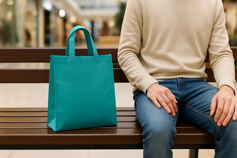 A turquoise non-woven shopping bag placed on a wooden bench inside a shopping mall