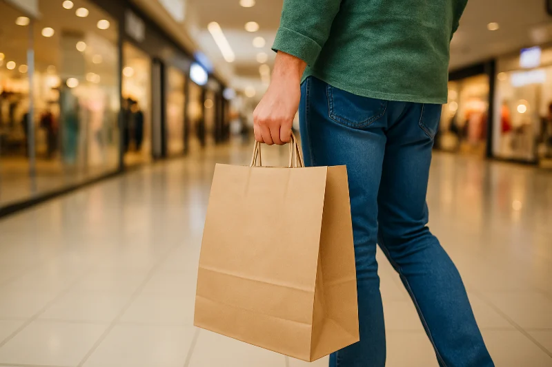 shopper holding paper bag in mall