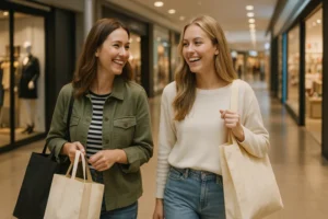 what is non woven fabric ? Two young women shopping in a mall carrying non woven fabric bags and smiling