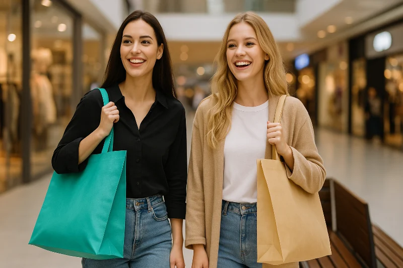 Two young women shopping in a mall holding eco-friendly non-woven shopping bags