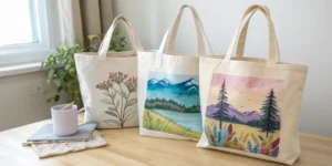 Three canvas tote bags made of cotton, poly-cotton, and polyester canvas showing differences in fabric texture and printing performance.