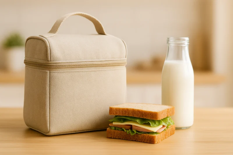 eco-friendly lunch ideas insulated lunch bag with sandwich and milk