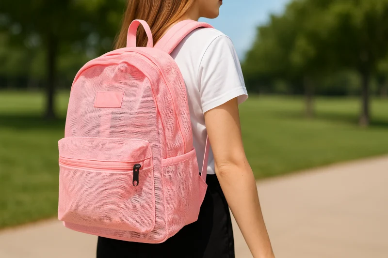 What Is a Mesh Bag - a woman wearing a pink mesh backpack outdoors on a sunny day