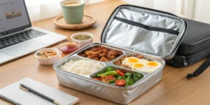 soft cooler bag with foil lining and lunch box on desk used in Soft VS Hard Cooler: What’s the Difference