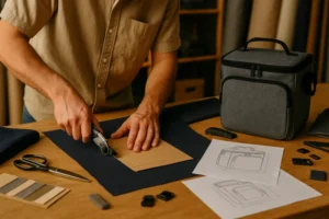 cooler bag customization workspace showing hands cutting pattern next to sample bag