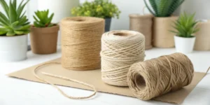 Natural jute fiber twine rolls on a white table, showing the texture and color of eco-friendly jute material — representing what is jute and its natural appearance.