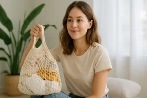 a woman holding a mesh bag in a bright setting, illustrating What Is a Mesh Bag: A Comprehensive Guide