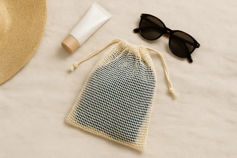 Breathable cotton mesh bag for swimwear packaging placed with sunglasses, sunscreen, and a straw hat for summer essentials