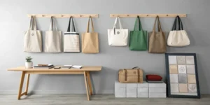 Leather vs Nylon: Which Is The Best Material for Bags? 8 A collection of top canvas bag styles in different colors and shapes hanging on a wall, showcasing various designs and practical uses.