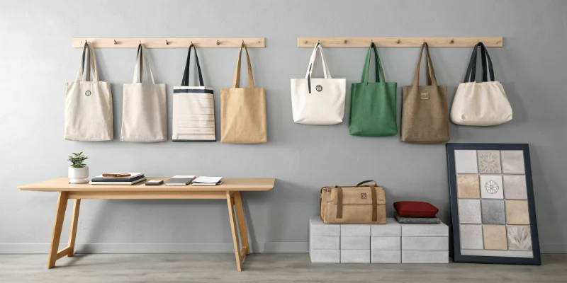 A collection of top canvas bag styles in different colors and shapes hanging on a wall, showcasing various designs and practical uses.