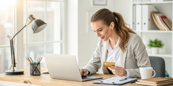 A focused office scene showing someone completing a digital task related to a B2B payment.