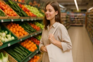 A person holding a simple, light-colored cotton bag on their shoulder stands in a grocery store produce aisle, surrounded by neatly arranged vegetables and fruits, showing the soft and practical qualities of cotton fabric in a real shopping setting.