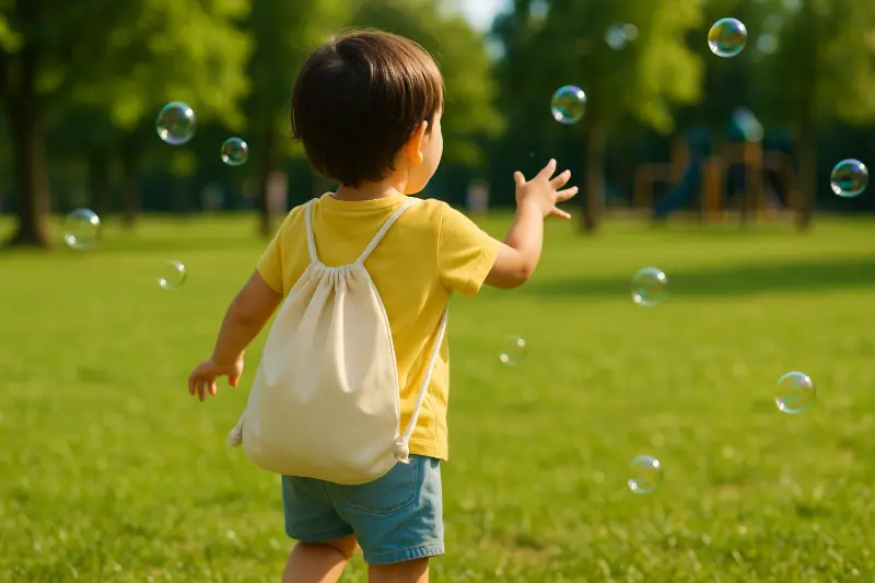 A child wearing a simple drawstring backpack while playing in a park, featured for the Guide to Drawstring Backpacks