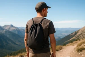 A hiker wearing a simple drawstring backpack while hiking, illustrating the Guide to Drawstring Backpacks.