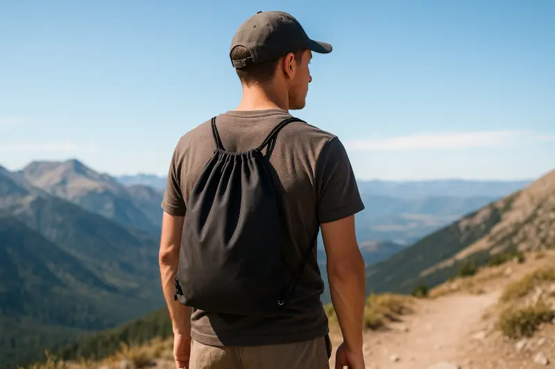 A hiker wearing a simple drawstring backpack while hiking, illustrating the Guide to Drawstring Backpacks.