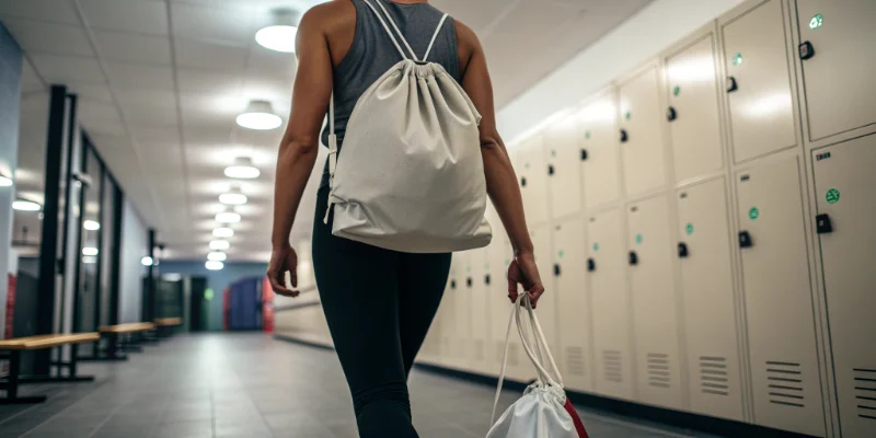 A person walking into a gym locker room carrying a simple drawstring backpack, featured for the Guide to Drawstring Backpacks